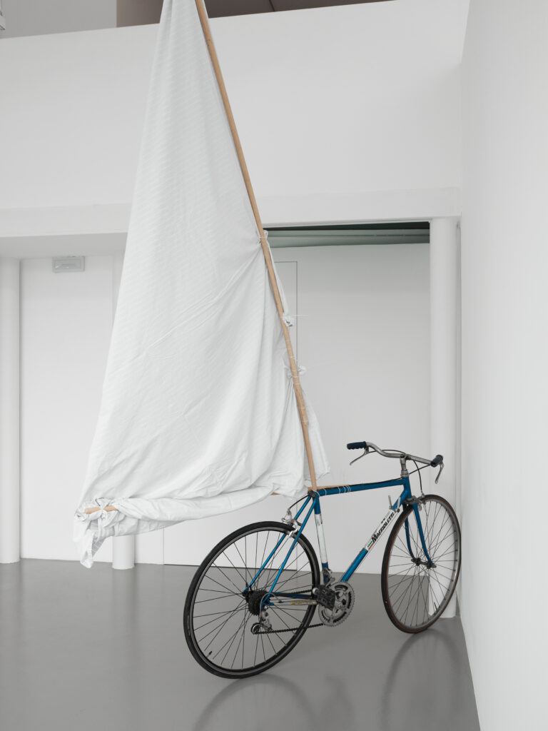Giammarco Cugusi: Bici a vela. Una vela improvvisata con il lenzuolo del letto. Il vento in faccia ci spinge. Opera dell'artista Giammarco Cugusi Clematis Vitalba Bicicletta a vela Giammarco Cugusi artista concettuale. Mostra personale "CLEMATIS VITALBA" presso la galleria Art Studio Finestreria. Sculture e Installazioni