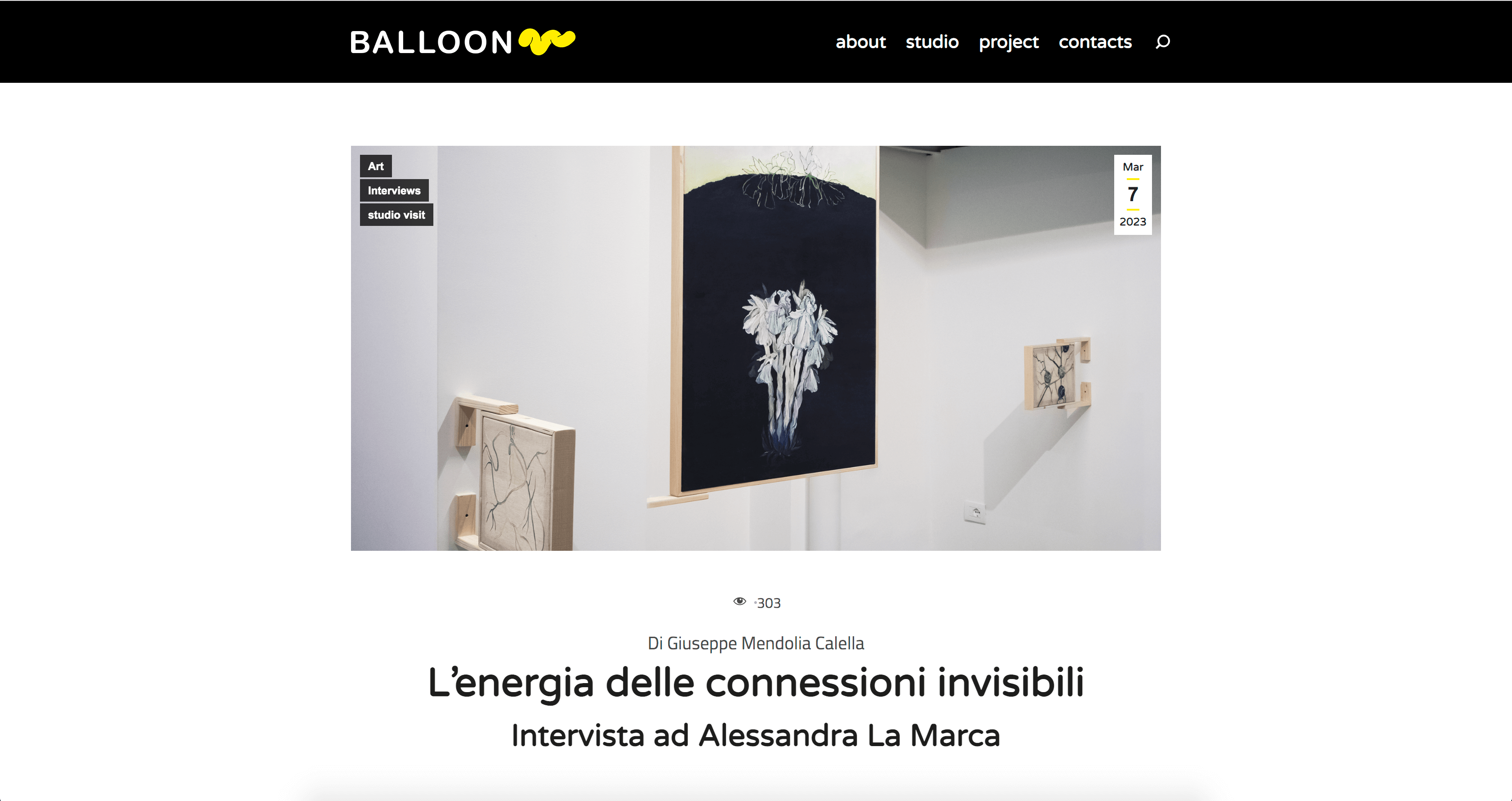 Alessandra La Marca: Immersione Aerosa. Alghe Azzurre si attivarono in origine per generare ossigeno; una piccola pianta di Monotropa. Alessandra La Marca: Immersione Aerosa. Alghe Azzurre si attivarono in origine per generare ossigeno; una piccola pianta di Monotropa. Intervista ad Alessandra La Marca
Alessandra La Marca (pittura): Mostra personle "Immersione Aerosa". Galleria d'arte Art Studio Finestreria a Milano